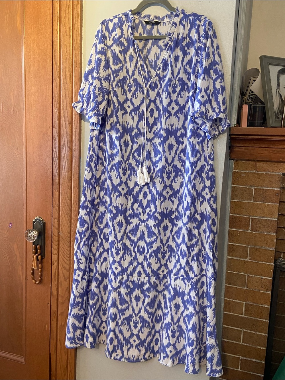 Blue Ikat Print V-Neck Tassel long Dress cover up By Dokotoo OS LIKE NEW